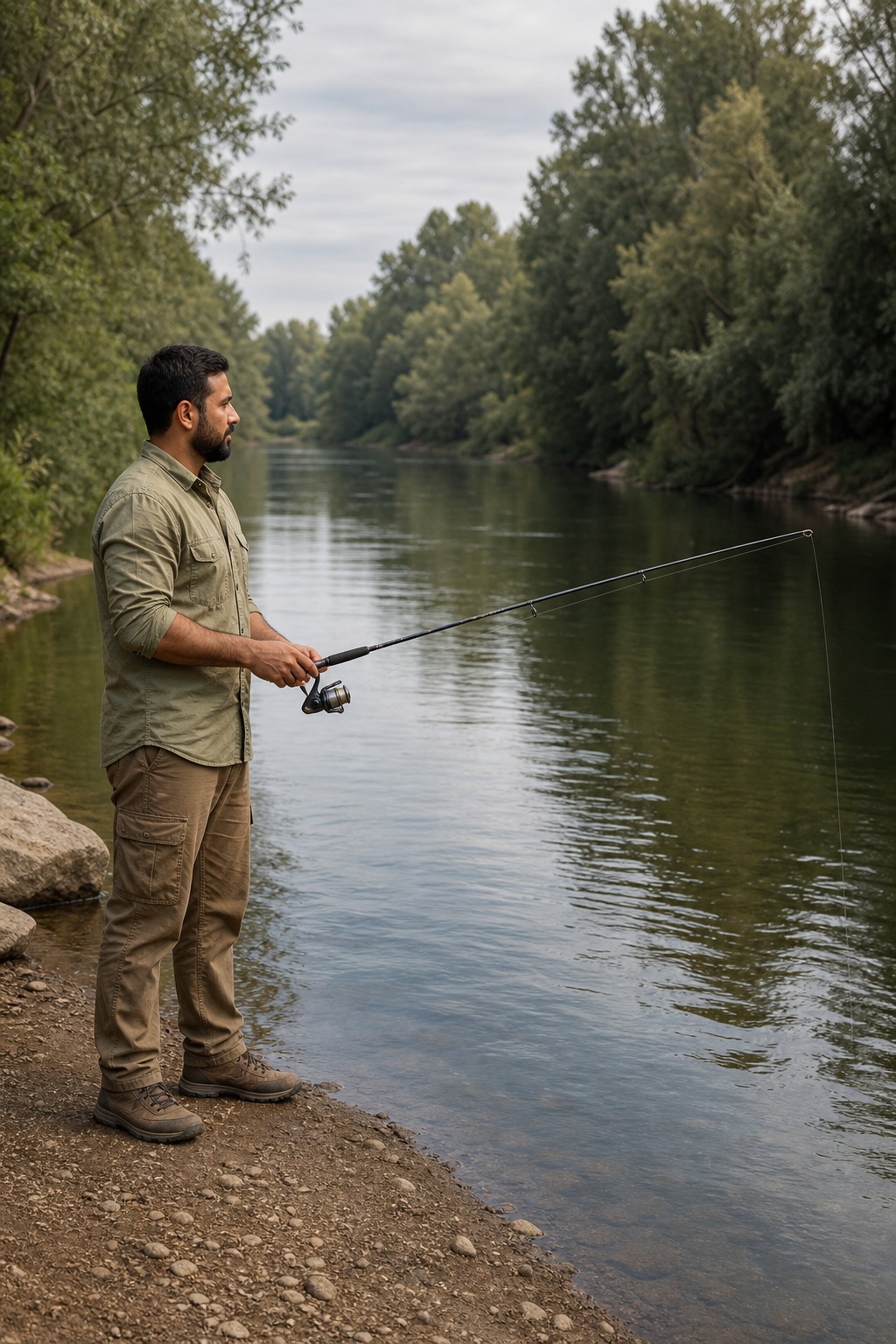 Man standing on a riverbank fishing beside calm water and trees