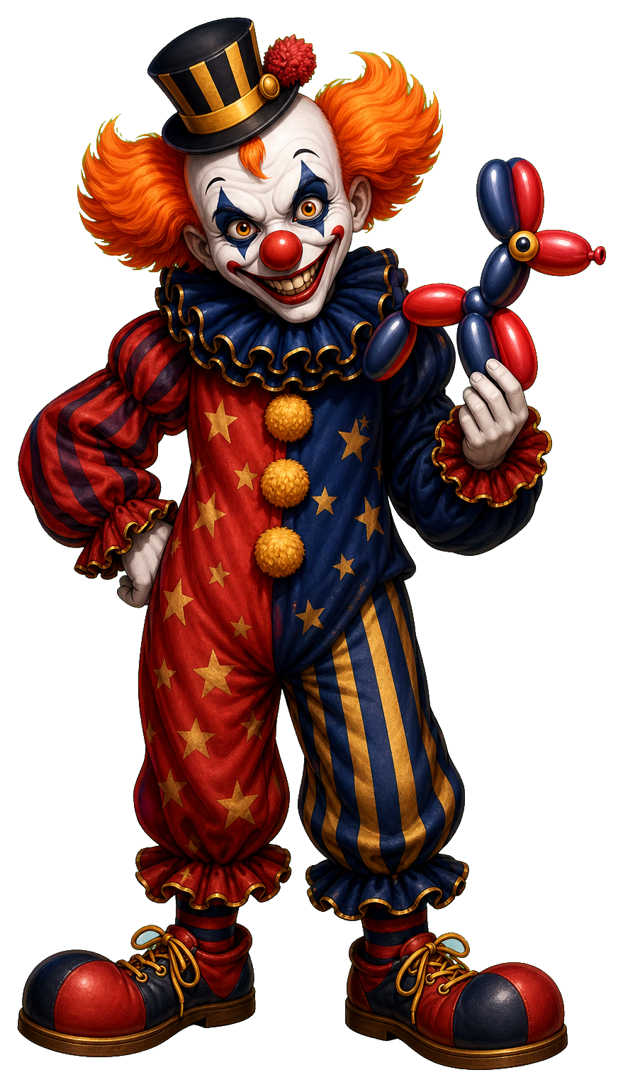 An evil carnival clown holding a balloon animal with a dark, eerie costume