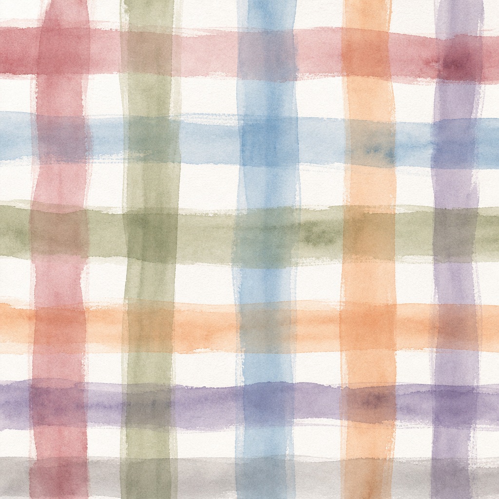 Soft pastel watercolor plaid pattern with muted pink, blue, green, and orange stripes.