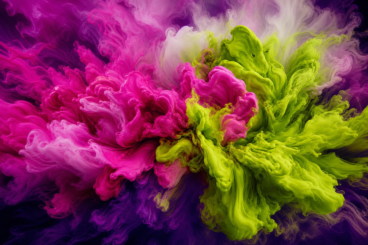 Magenta and lime paint plume expanding across a dark abstract background.
