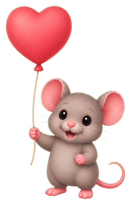 Cute mouse holding a red heart balloon on a string