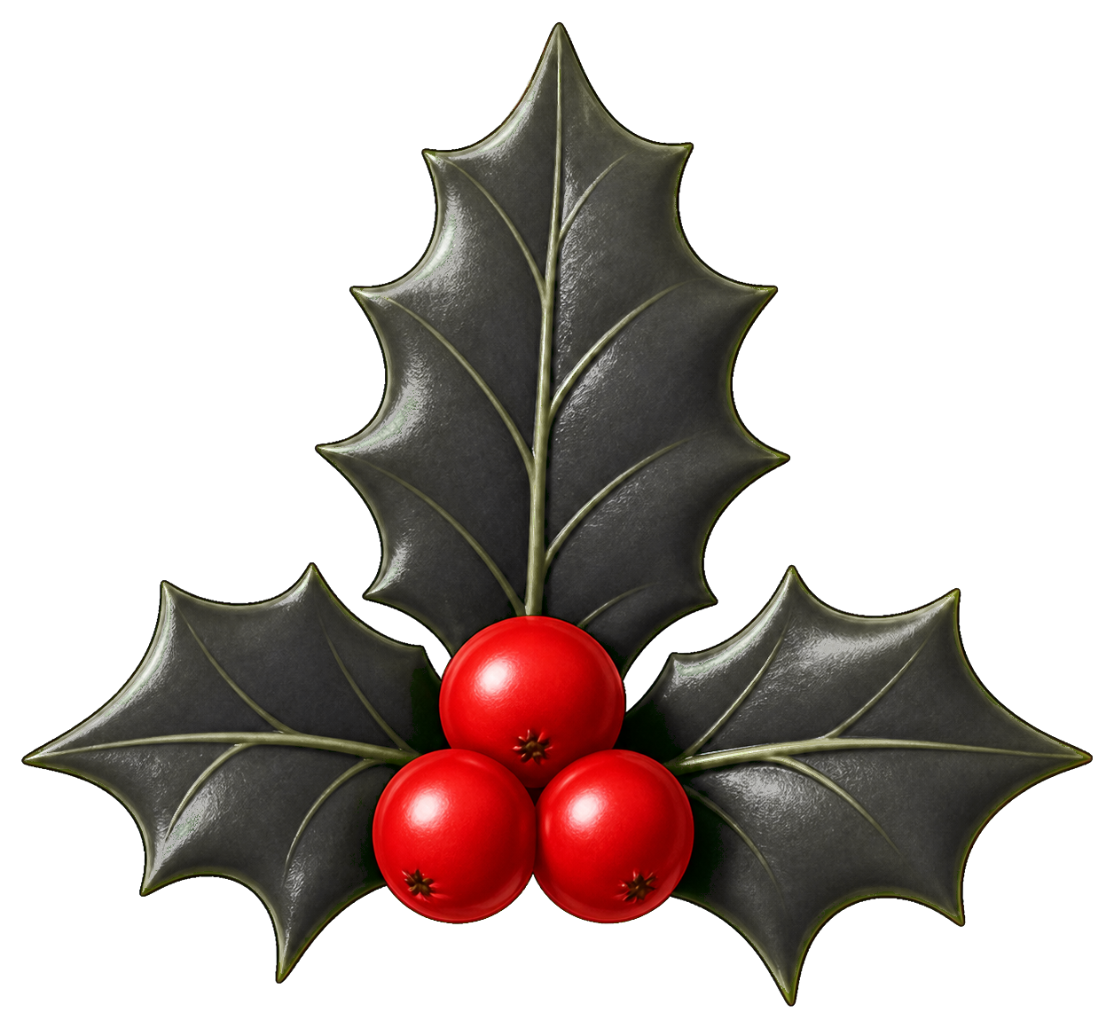 Black holly leaves with three red berries forming a festive holiday sprig.