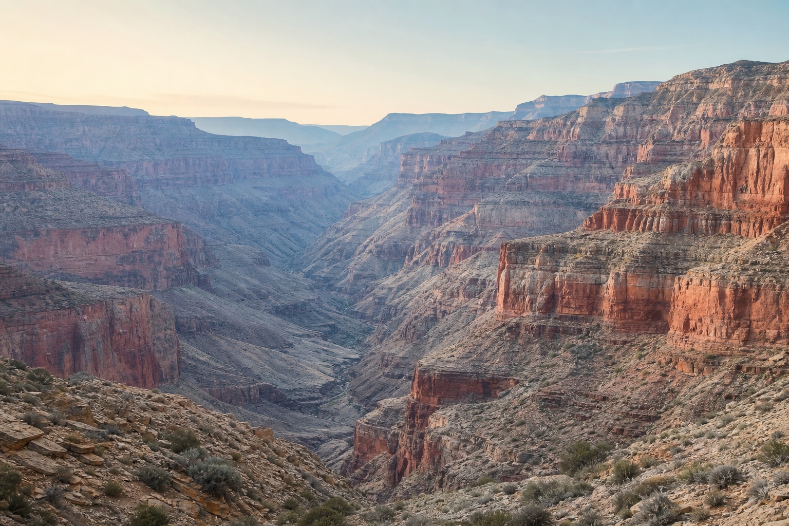 Layered red sandstone canyon walls beneath a pale morning sky.