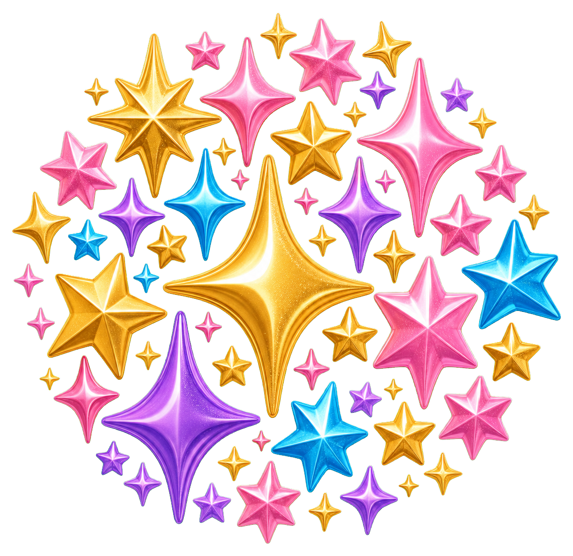 Colorful cluster of sparkly star-shaped stickers with gold, pink, blue, and purple accents