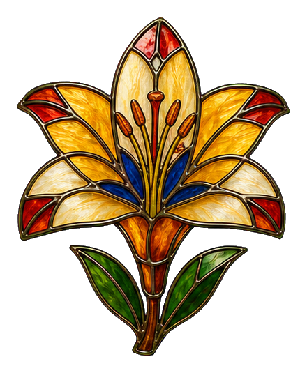 Amber stained glass lily sprig with red-tipped petals and green leaves.