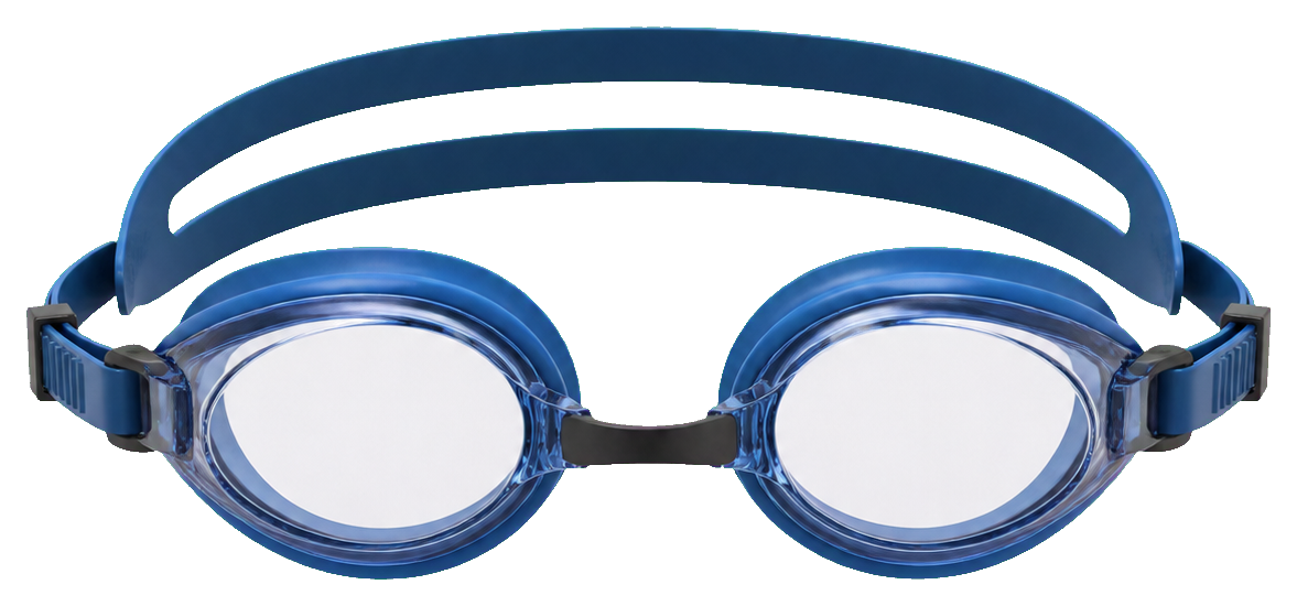 Blue swim goggles with a plain simple frame and clear lenses