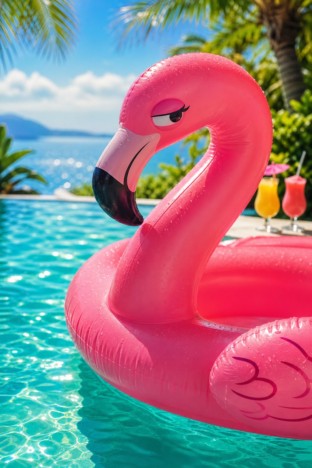 Pink flamingo pool float in a turquoise pool with tropical drinks and palm leaves