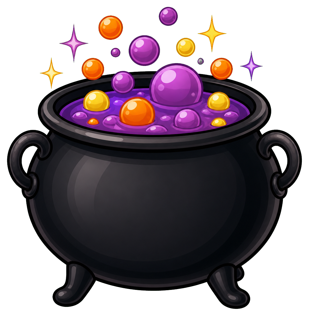 Black witch cauldron filled with purple bubbles, glowing stars, and orange sparks
