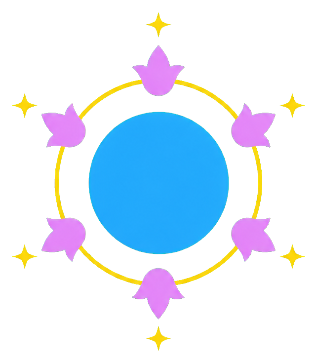 Blue planet with a yellow orbit ring, purple flower shapes, and small stars around it