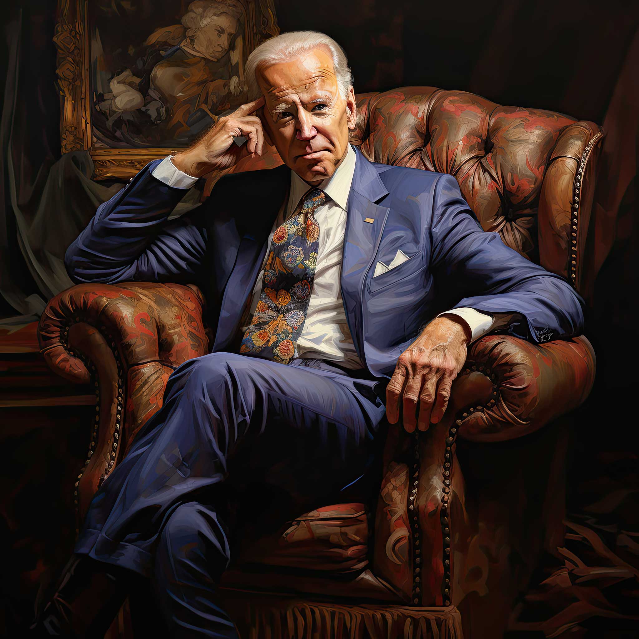 Stylized portrait of President Biden seated in a luxurious leather chair.