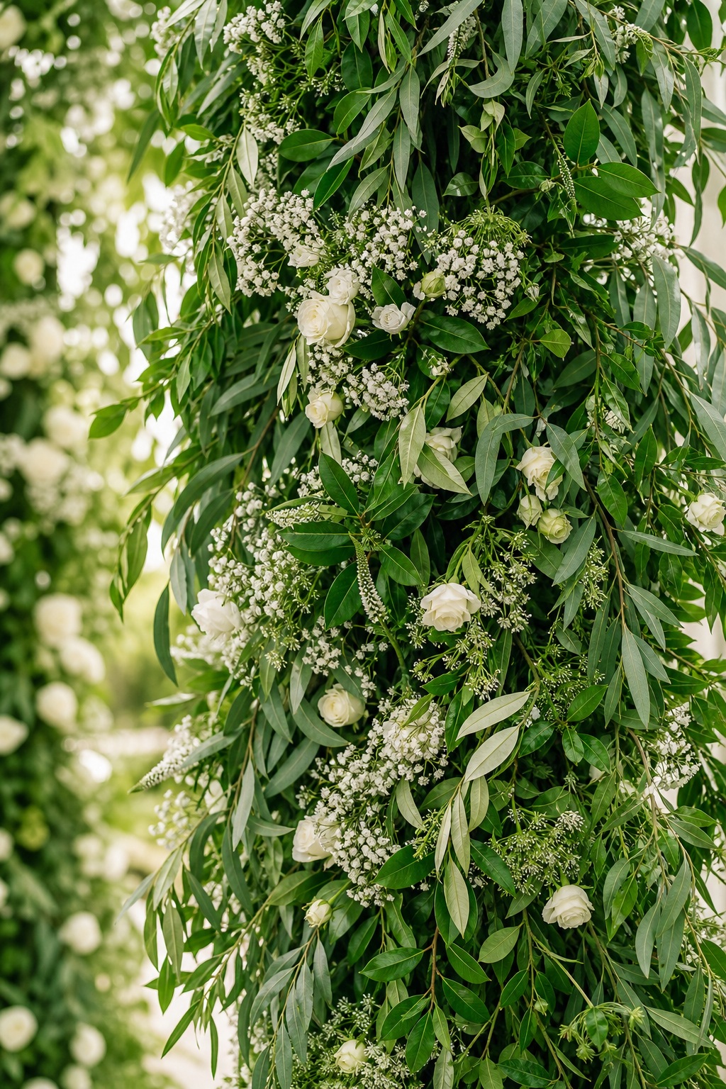 Vertical garland of eucalyptus leaves and small white flowers against a soft blurred background.