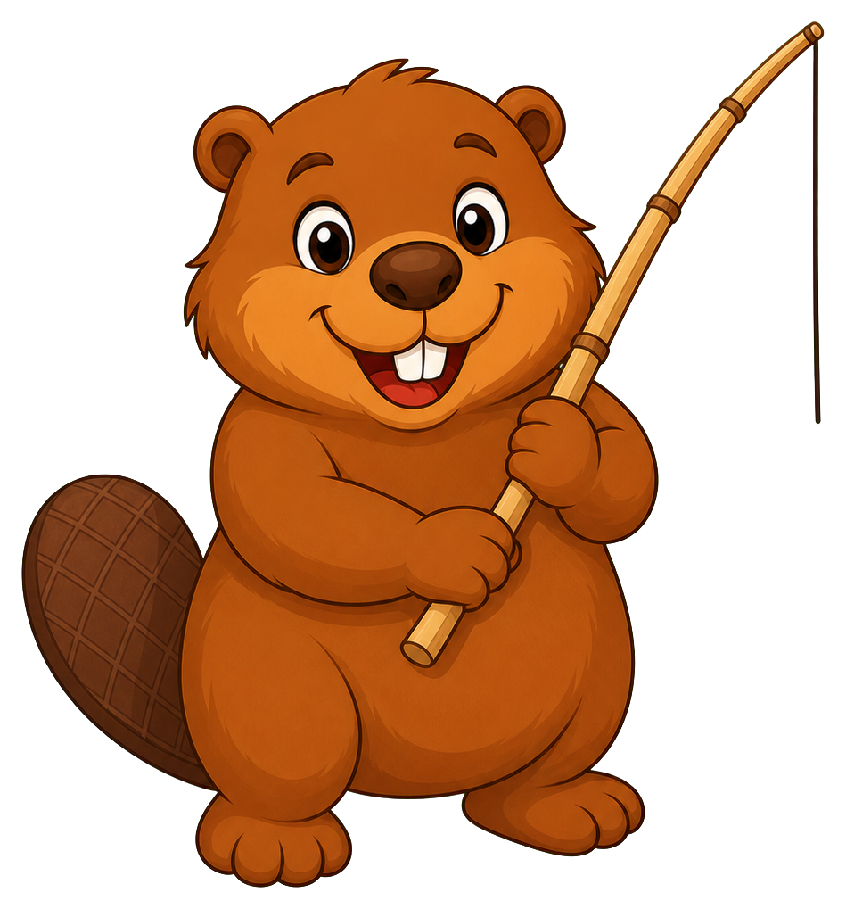 Cute cartoon beaver holding a fishing rod and smiling