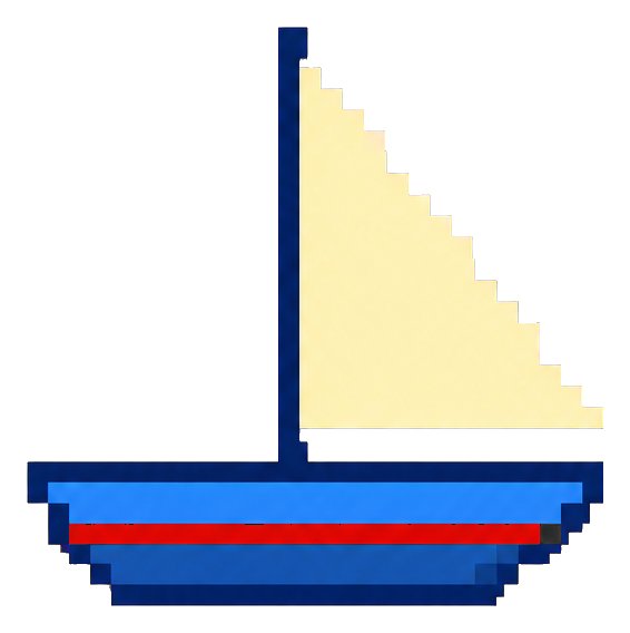 Pixel art sailboat with blue hull, cream sail, and red stripe on black background