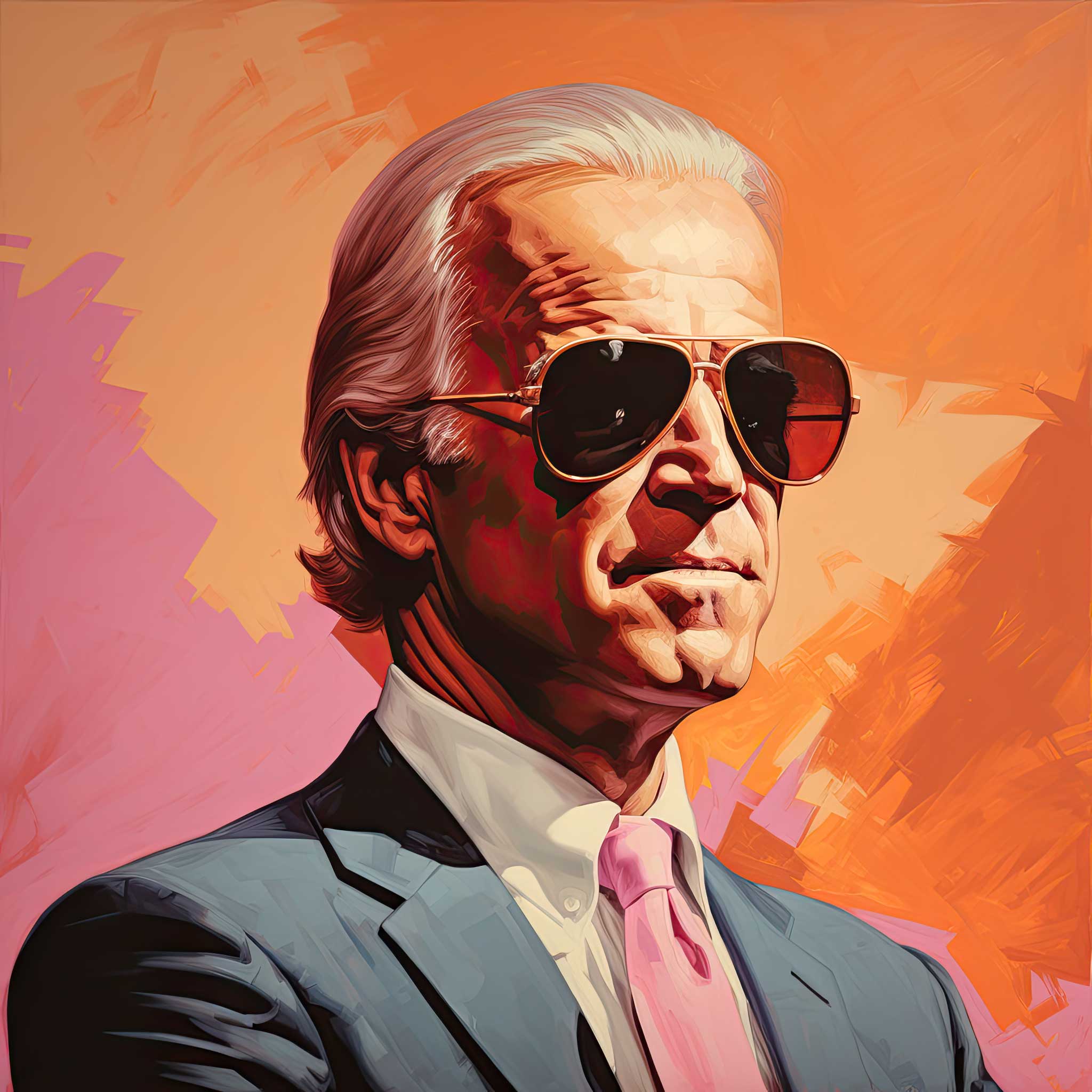 Stylized portrait of Joe Biden wearing sunglasses and a suit on an orange background