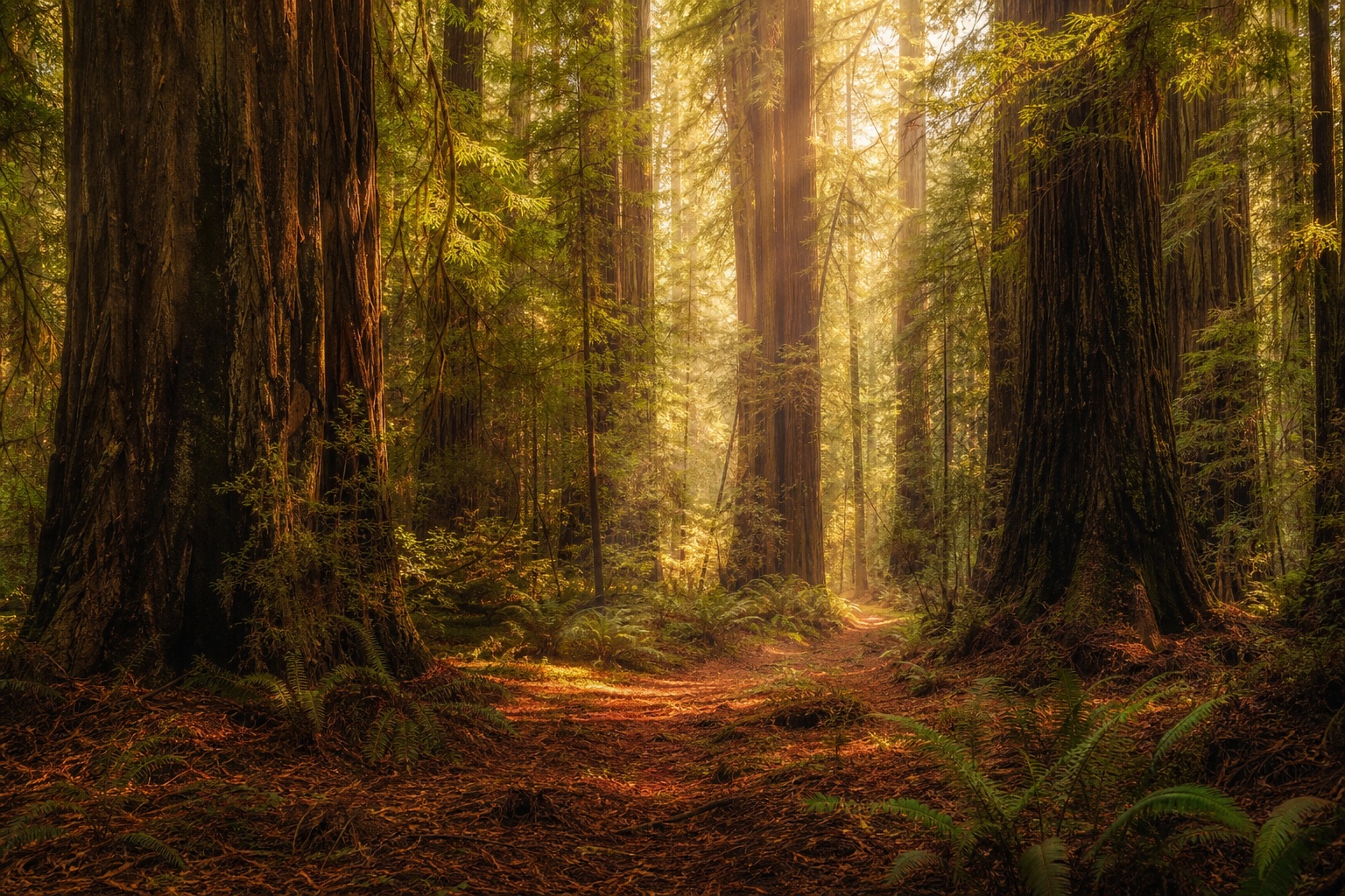 Misty forest path with tall redwood trees and soft haze in warm light.
