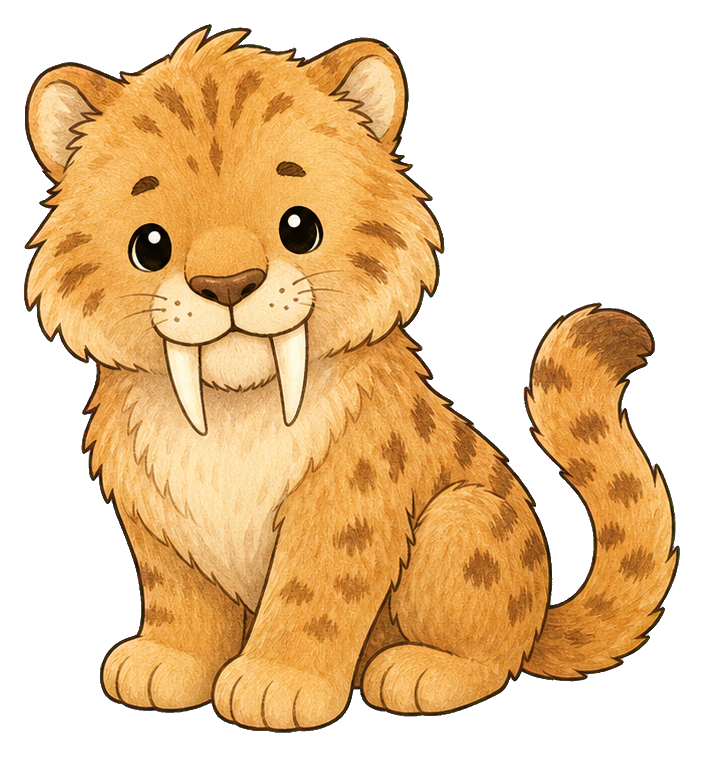 Cute fluffy sabre toothed cat sitting with long tusks and a curled tail.
