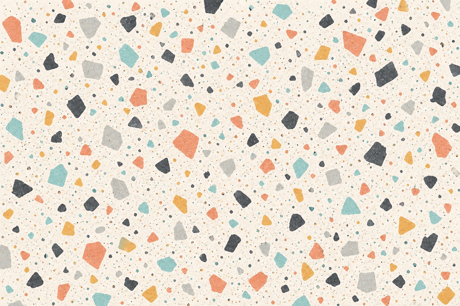 Cream terrazzo-style background with scattered orange, teal, gray, and beige confetti shapes