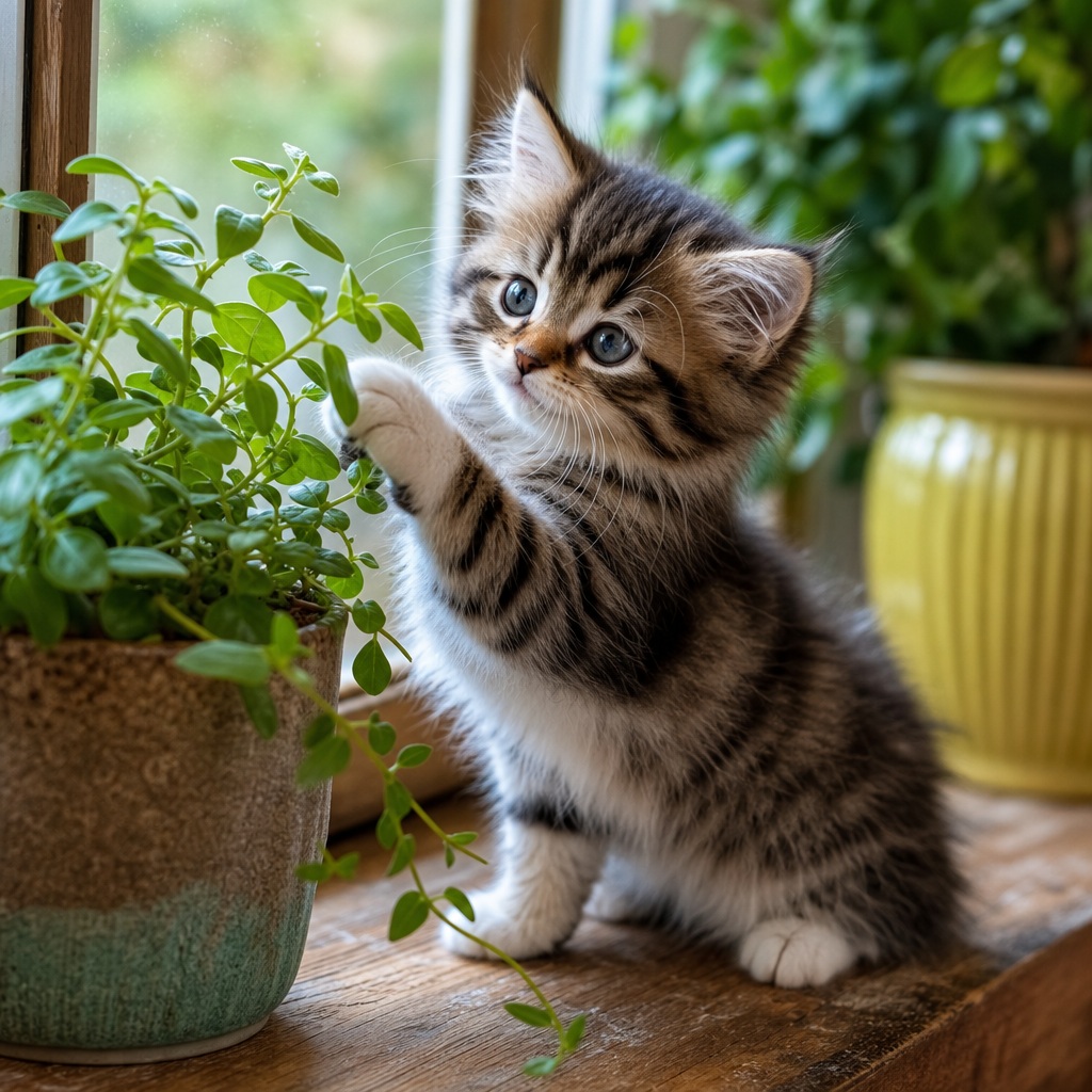 A fluffy kitten reaching toward a trailing plant beside a window in a cozy room.