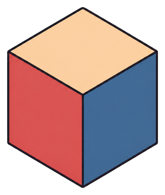 Minimal cube-shaped toy block with beige top, red left side, and blue right side.
