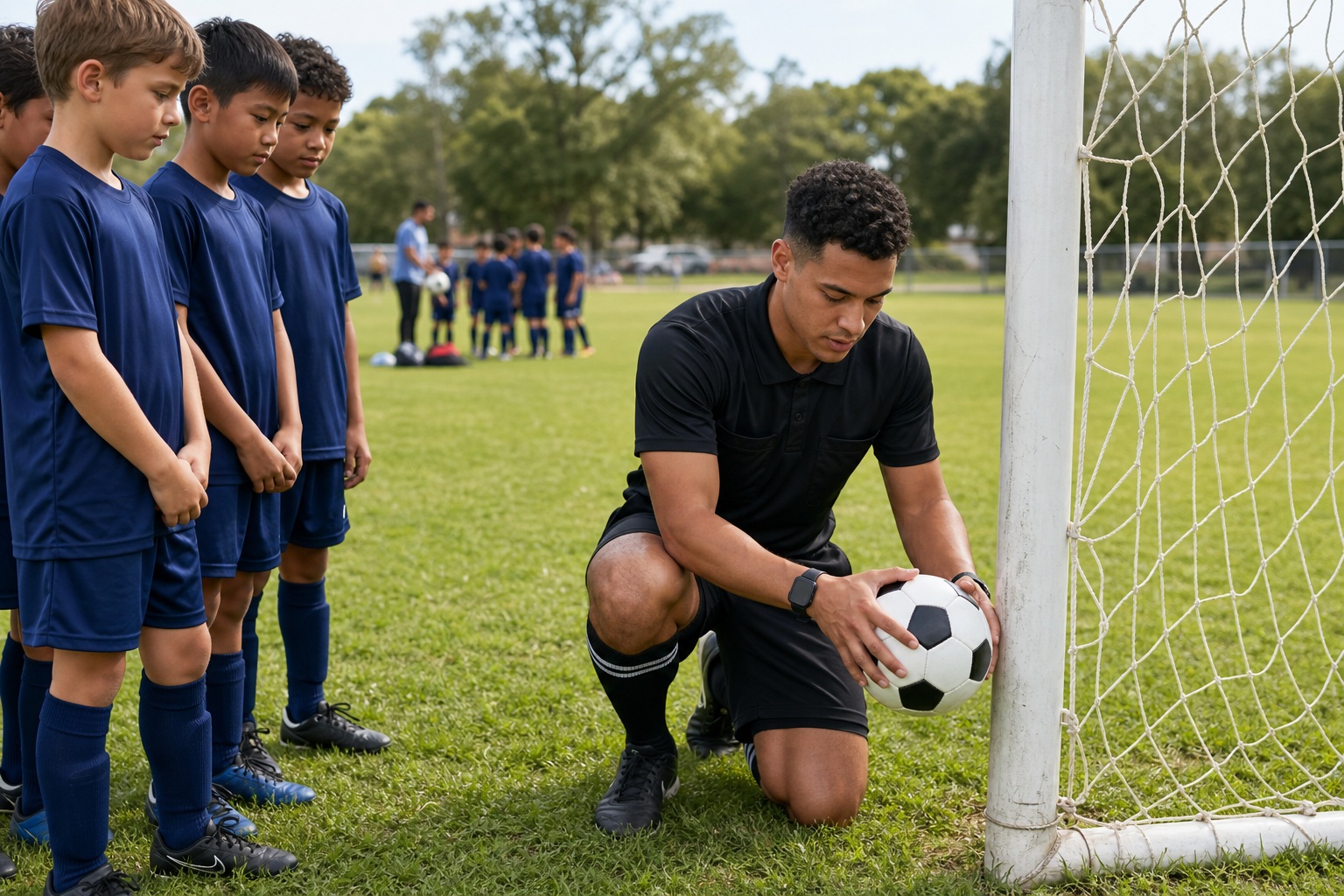 Youth soccer coach kneels by the goal while young players stand nearby on the field.