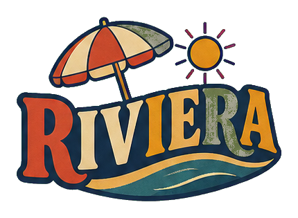 Retro Riviera text with a striped umbrella and sun over a wavy base.