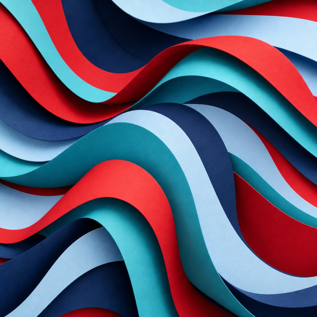 Abstract layered paper ribbons in aqua, red, blue, and cream waves