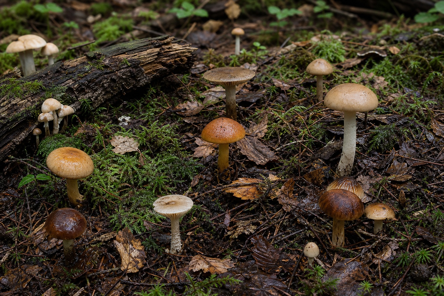 Small woodland mushrooms growing on a mossy forest floor