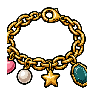 Gold charm bracelet with pink heart, pearl, star, and blue gem charms on black background