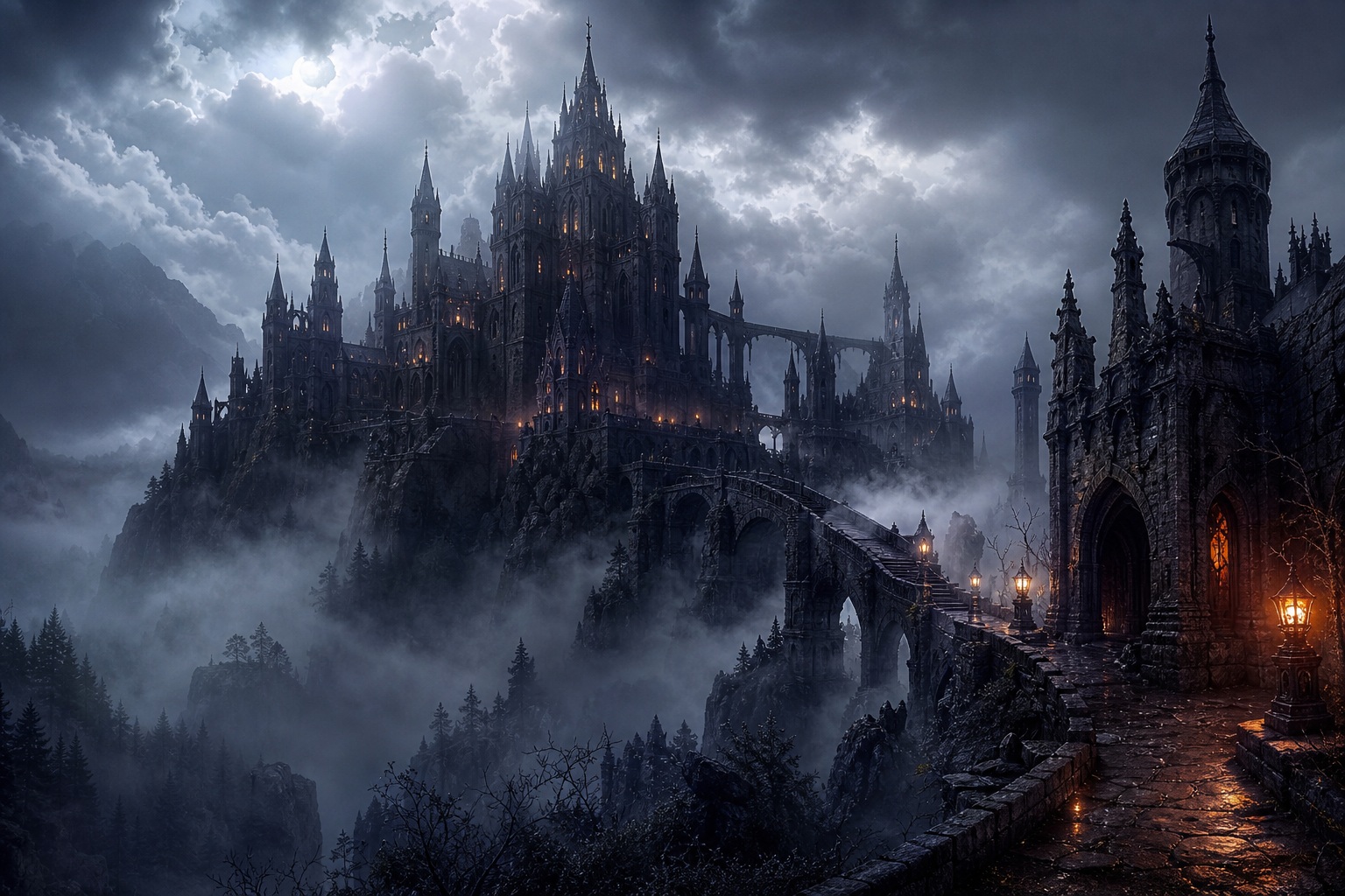 Dark gothic castle rising above foggy cliffs under storm clouds