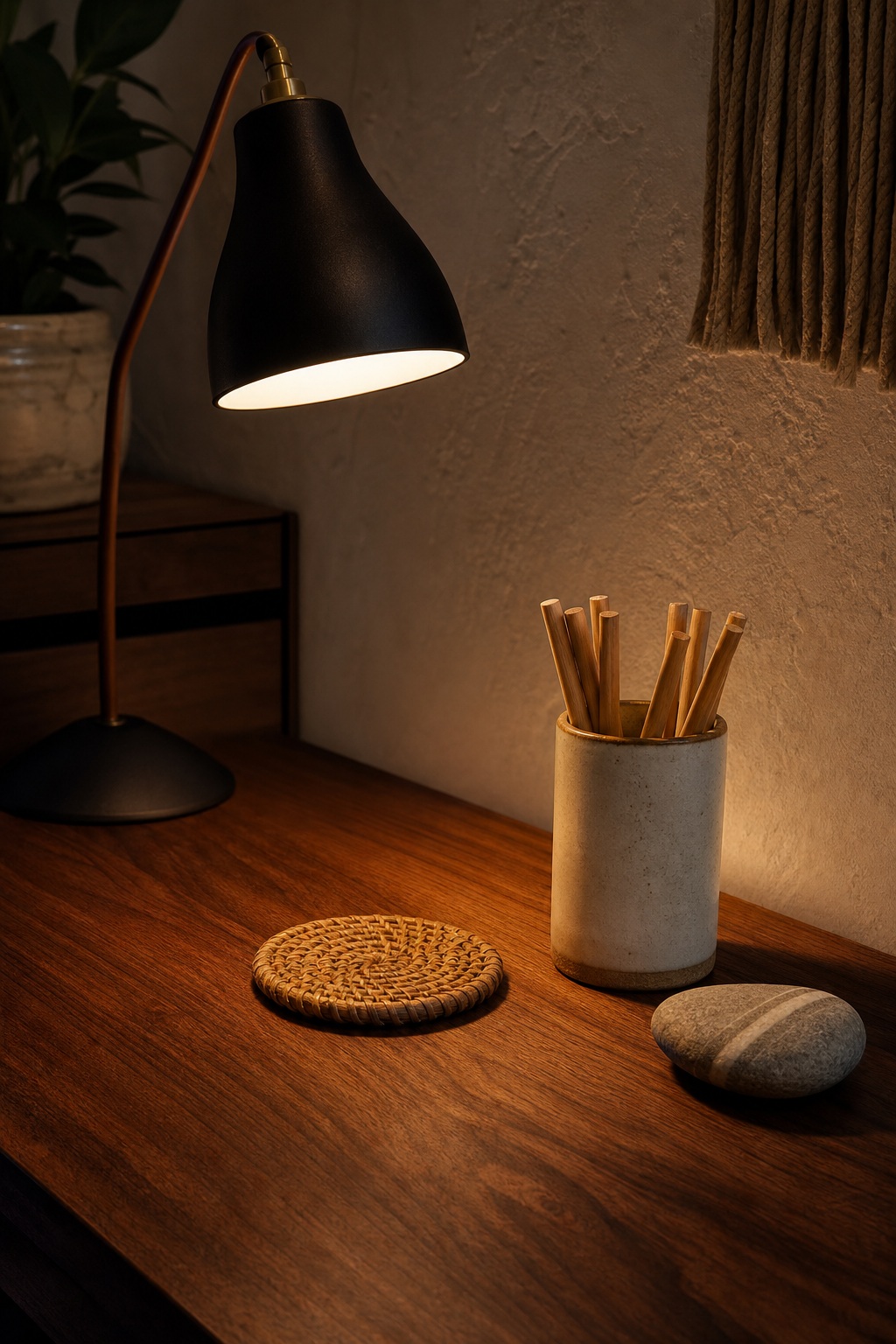 Warm desk with lamp light, pencil cup, coaster, and stone on a wooden surface