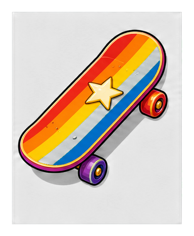 Rainbow skateboard sticker with bright stripes and star detail on black background
