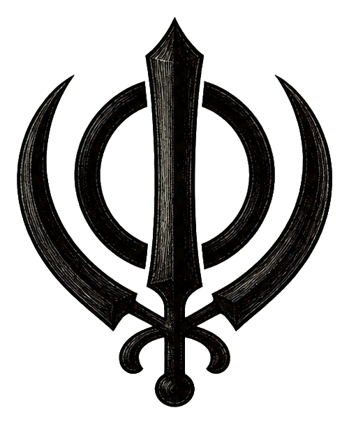Black dry brush style khanda symbol with circular chakkar and sword shape center.