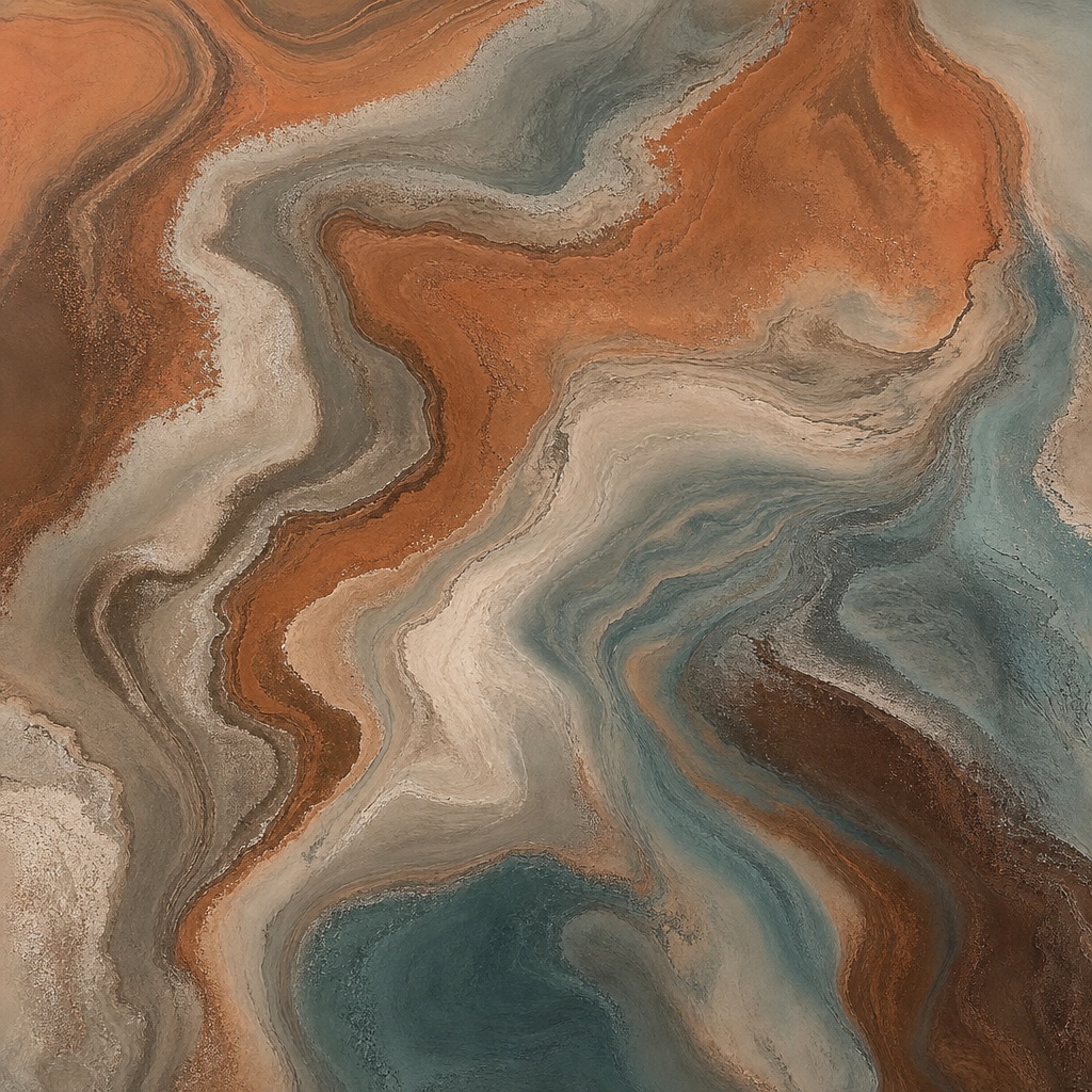 Swirling earthy clay and teal abstract texture with flowing layered shapes