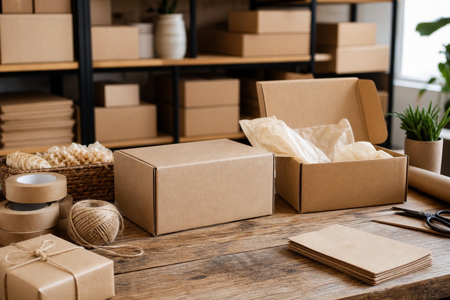 Kraft boxes, packing supplies, and paper-wrapped parcels on a wooden shipping table