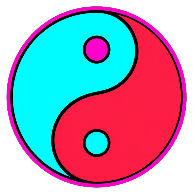 Bright neon yin yang symbol with cyan and pink halves and matching center dots