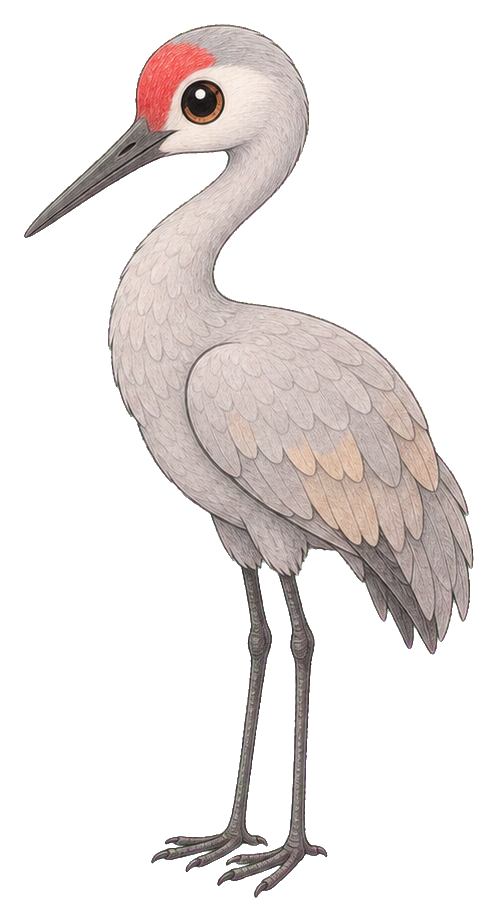 Cute crane bird with a pink head and long legs standing in profile