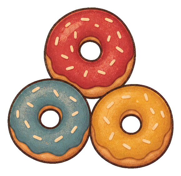 Three frosted donuts in cream, blue, and yellow arranged in a triangle