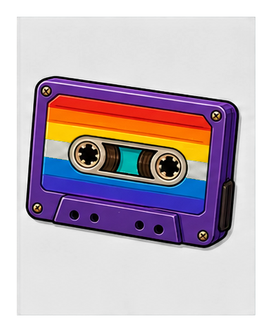 Purple cassette tape with rainbow stripes and a colorful retro label