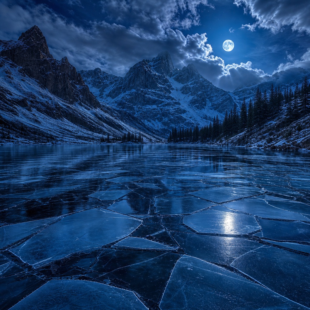 Moonlit snowy mountains reflected in a cracked icy lake at night.