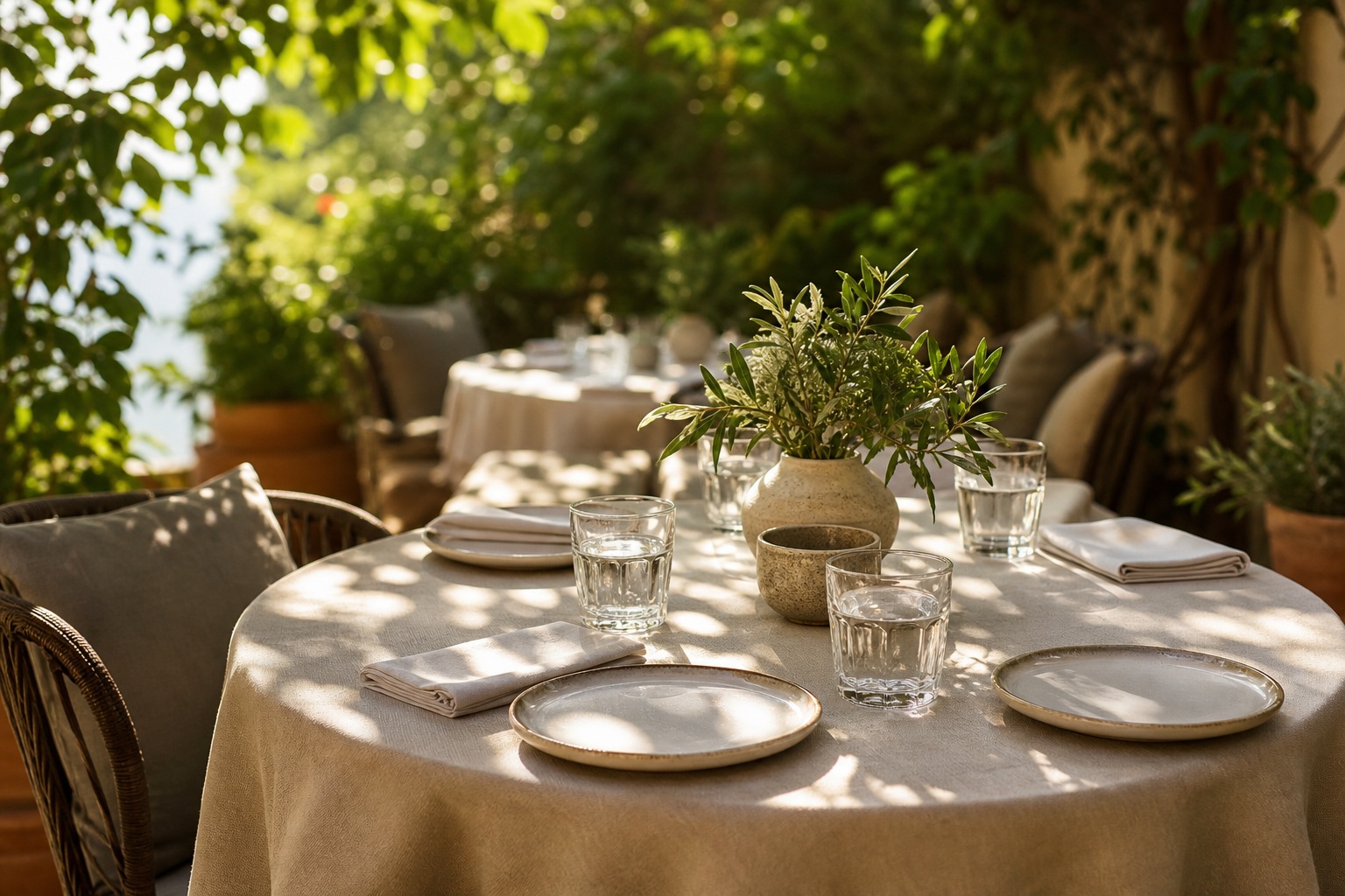 Sunlit outdoor restaurant table set with plates, glasses, and greenery