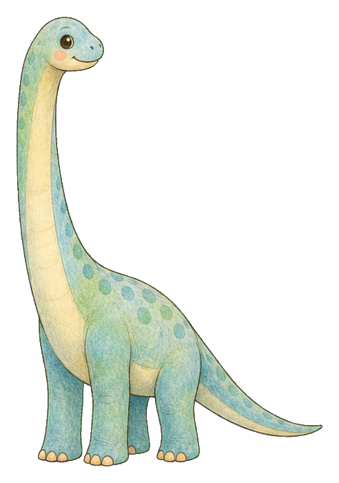 Cute cartoon brachiosaurus sticker with a long neck and pastel spots.