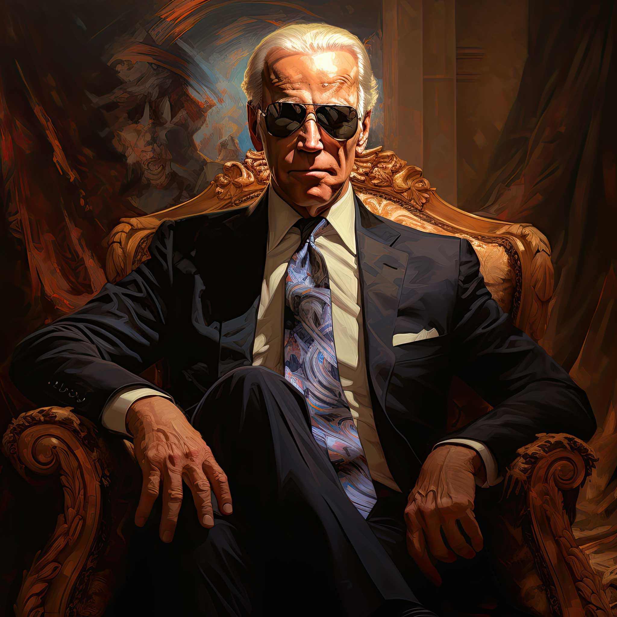 Stylized portrait of Joe Biden seated on an ornate throne in a dark setting.