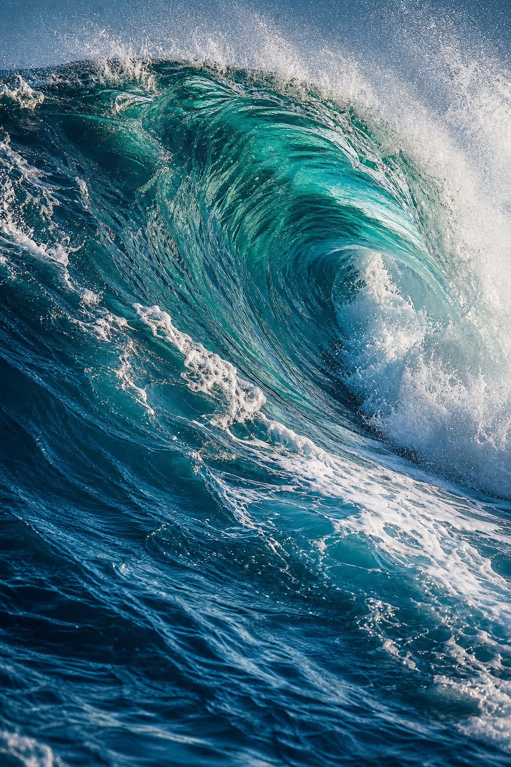 Tall blue ocean wave curling with white sea foam and textured water.