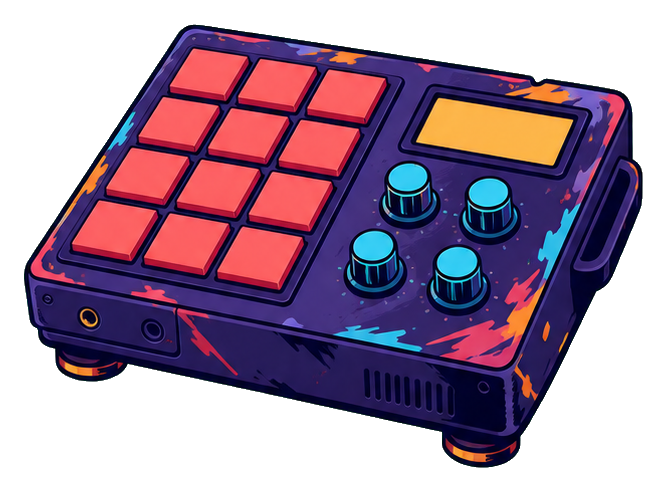 Colorful colorblock drum machine with pads, knobs, and purple accents