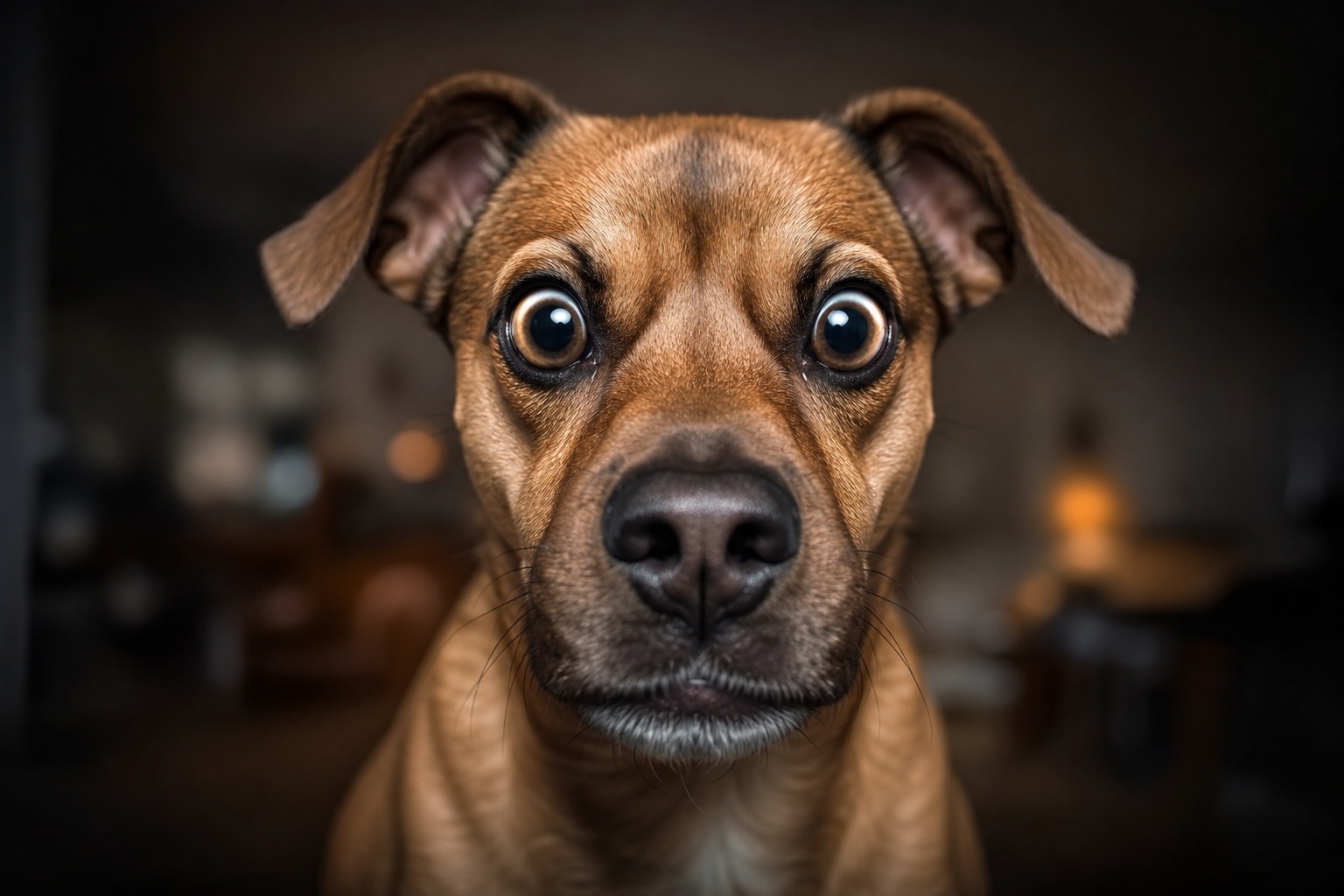 Close-up of a wide-eyed brown dog staring forward against a dark blurred background.