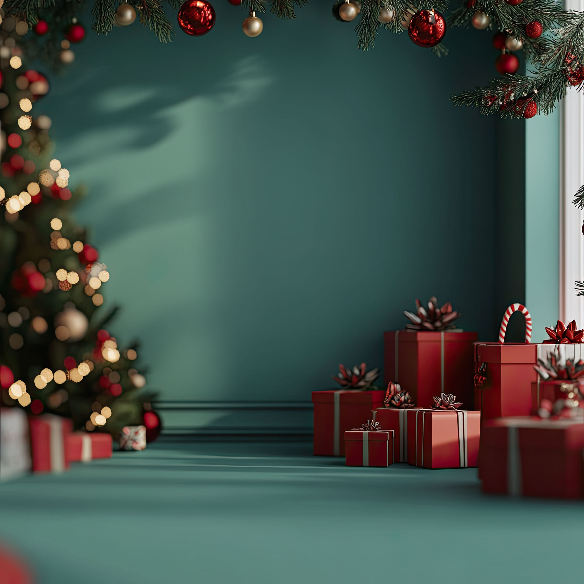 Preview for Christmas-tree-gifts-teal-wall-christmas-backdrop-background-26a8c