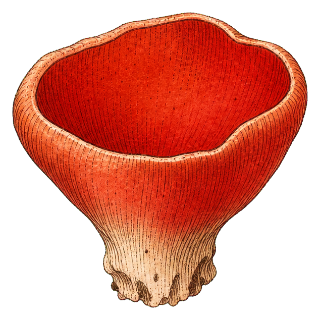Vintage scarlet elf cup mushroom with a red cup-shaped top and pale base
