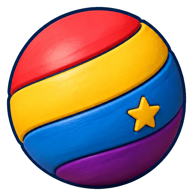 Colorful striped bouncy ball with a small yellow star on the side
