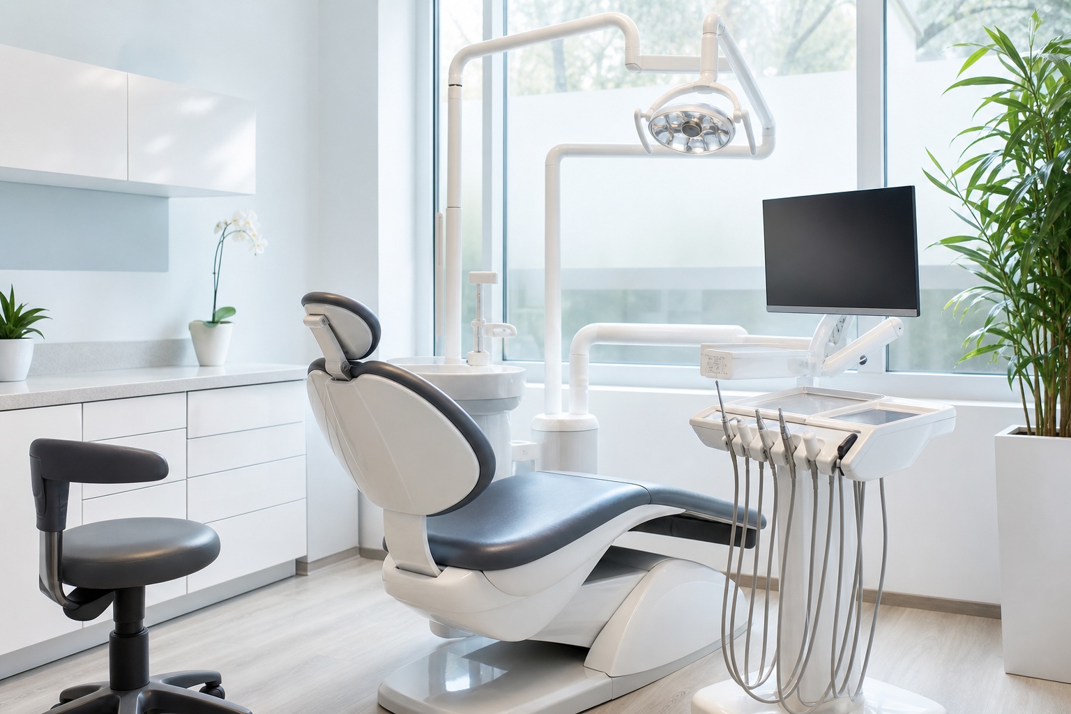 Bright modern dental clinic interior with chair, tools, and monitor
