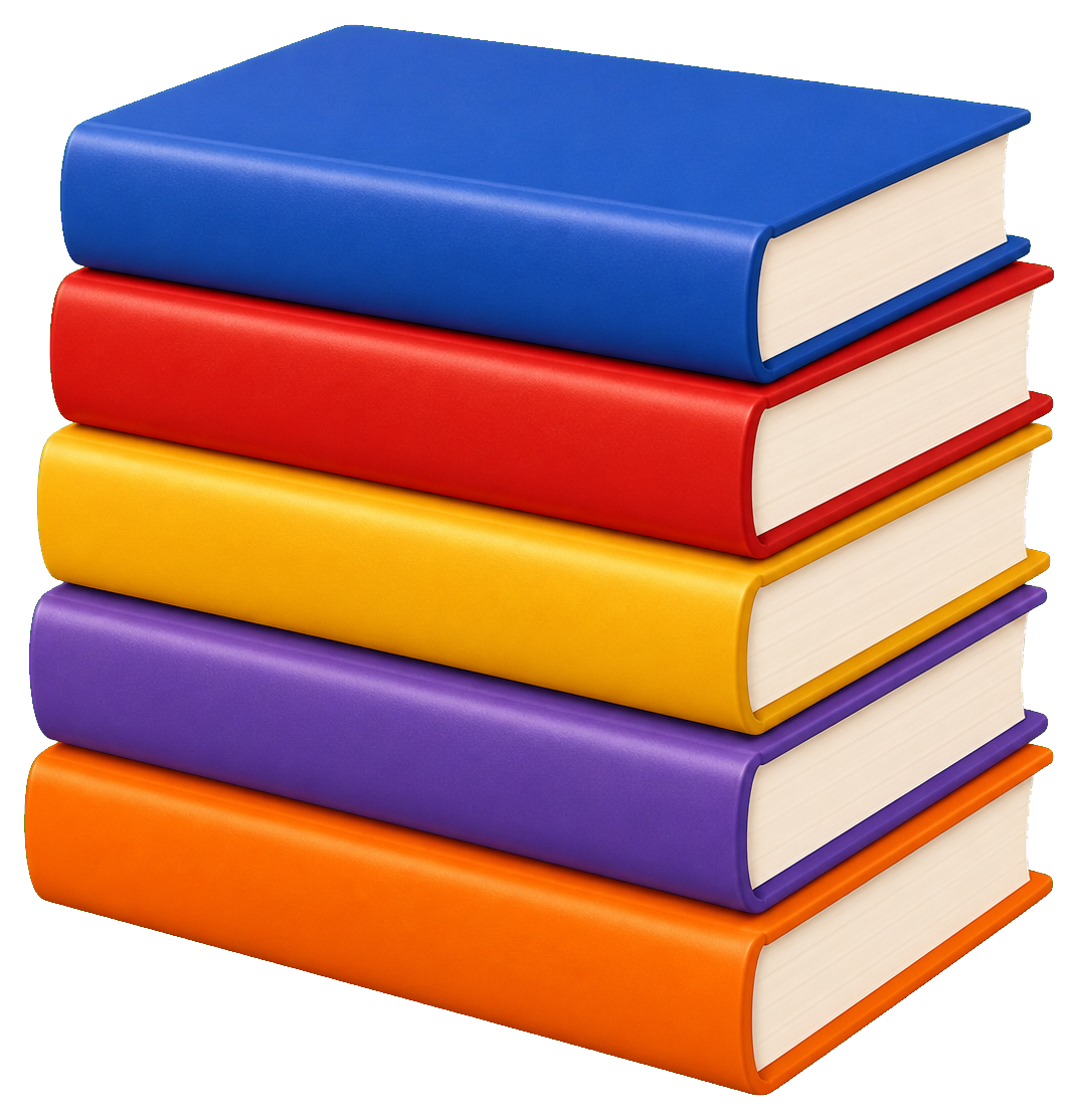 Colorful stack of four blank books with blue, red, yellow, purple, and orange covers